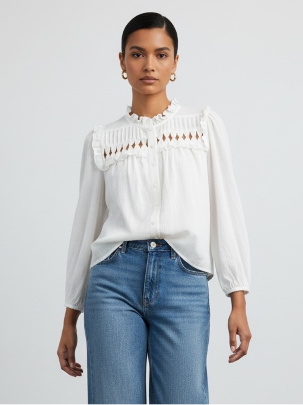 Women's White Ruffled Yoke Button-Front Blouse